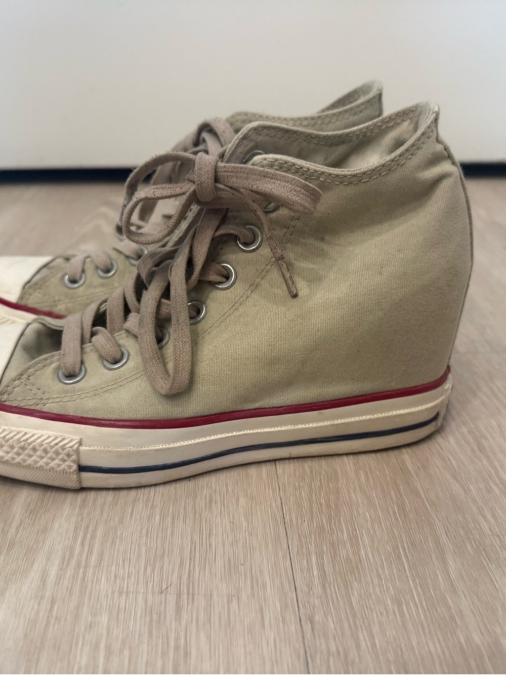 Converse Beige Canvas Wedge High-Top Sneakers with Red Trim